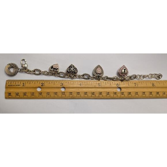 Brighton Heart Charm Bracelet 7.5in Pink Crystal Silver Tone Chain Adjustable - Picture 6 of 6